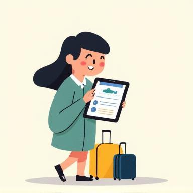Illustration of someone looking at a travel plan on a device, ready to travel